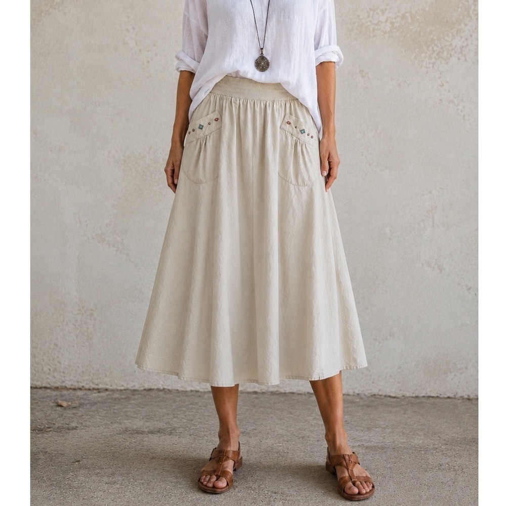 MS PAQUETTE Vintage A-Line Skirt L Beaded Lagenlook Artsy Southwest Boho Neutral
